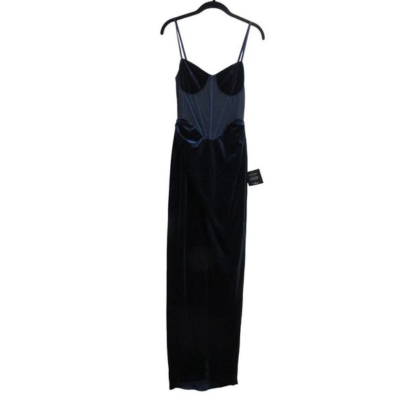 Lulus Women Small Alluring Icon Navy Blue Velvet Bustier Tulip Maxi Dress - Picture 3 of 7